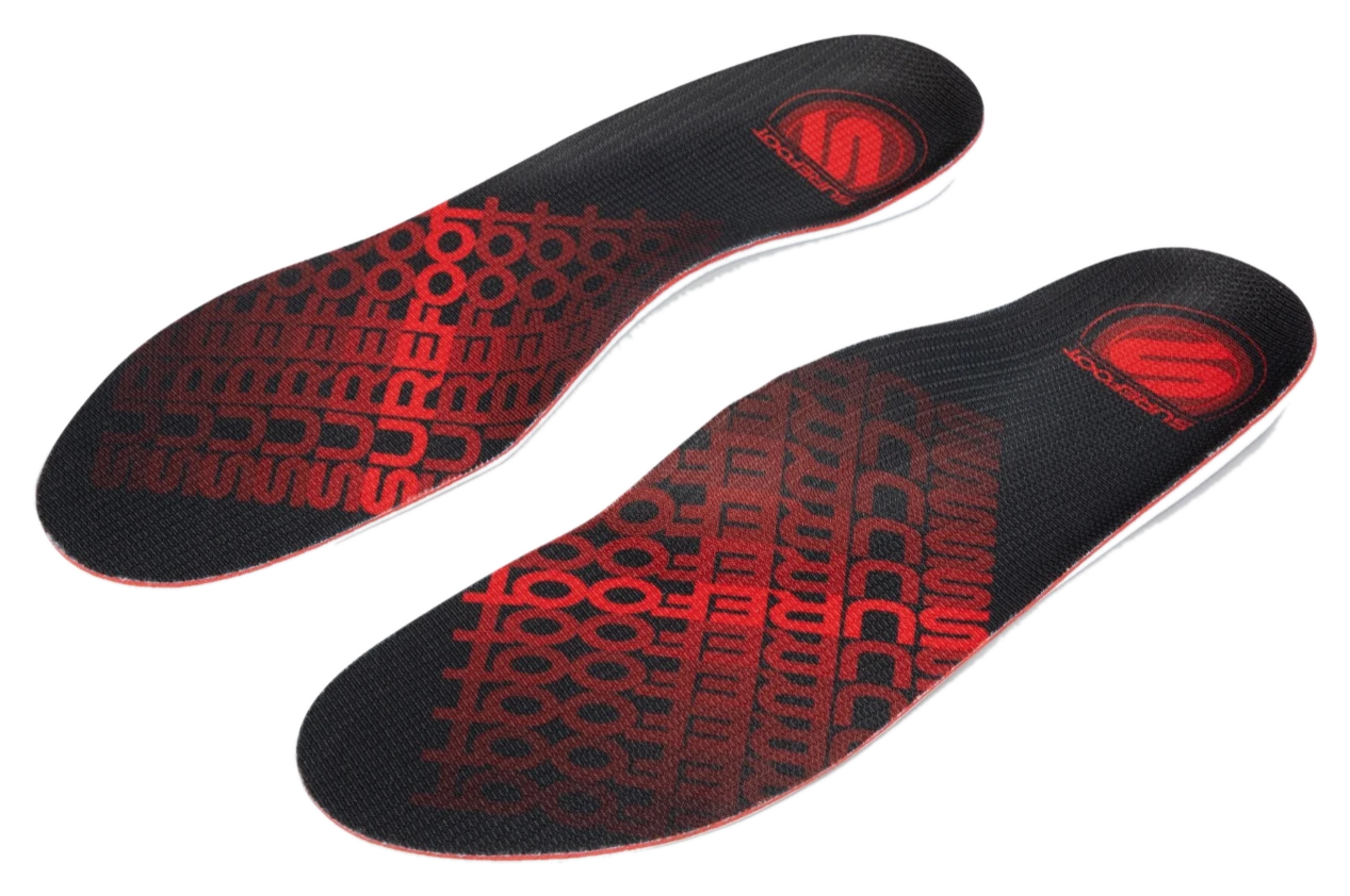 Pair of Conforma insoles, red pattern on black, on a transparent background