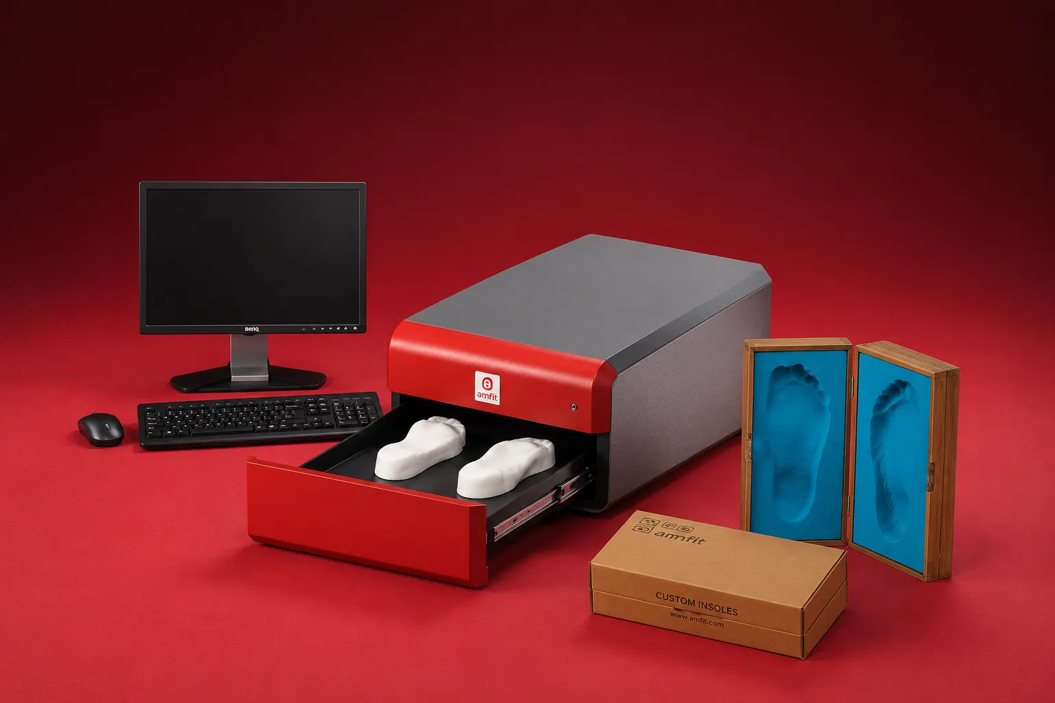 Impress Scanner Setup, scanner with monitor, keyboard, mouse, and foam boxes